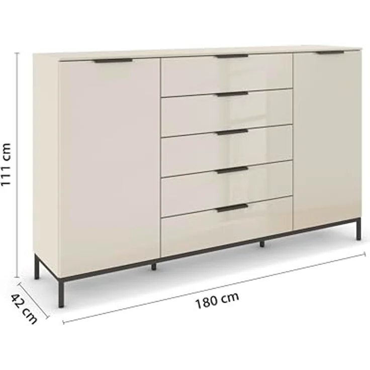 Rauch Möbel Flipp, Nachttisch für Schlafzimmer, Kinderzimmer, Wohnzimmer, Flur, Garderobe, 2-türig, 5 Schubladen, mit Softclose-Funktion, Griffe und Metallkufe Graphit, Farbe Glas Beige, Breite 180 cm – Bild 4