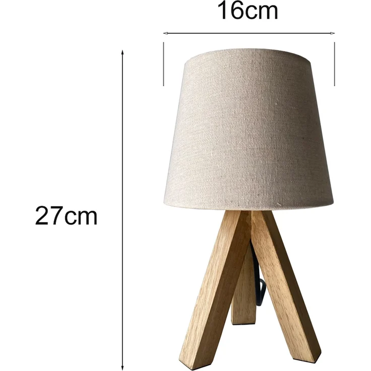 Tischlampe mit Dreibein aus Holz, Stoffschirm Creme Weiß, Höhe 27cm – Bild 4