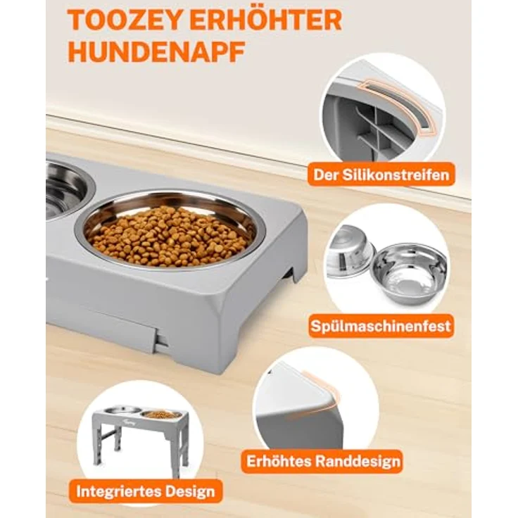 LuxusKollektion 'Toozey' Futternapf höhenverstellbar (2 Schüsseln) 1200 ml, Edelstahl grau – Bild 5