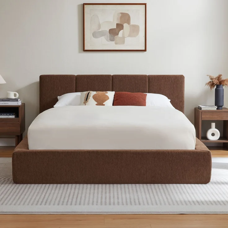 LVHOM Polsterbett 140 x 200cm, Doppelbett mit gepolstertem Kopfteil, Bettgestell mit verstärktem Stahlrahmen, Chenille, Braun – Bild 3