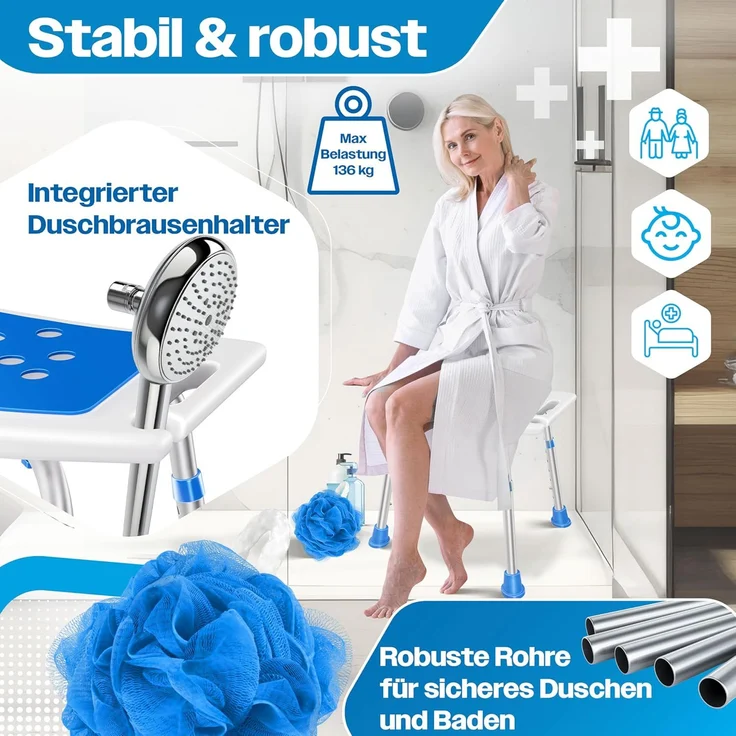 KESSER® Duschhocker höhenverstellbar | Leichter Badhocker rutschfeste Gummifüße Duschstuhl 136KG belastbar | Duschhilfe Senioren | Saugnapf Haltegriff Badewannengriff | Duschsitz mit Brausehalterung Weiß / Blau – Bild 2