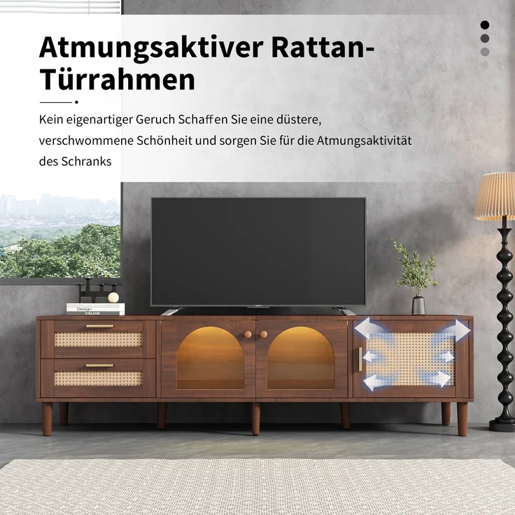 TV-Schrank, mit Rattan-Schubladen, 3 Türen, LED-Licht & höhenverstellbaren Füßen, 180x40x50 cm, Braun – Bild 7