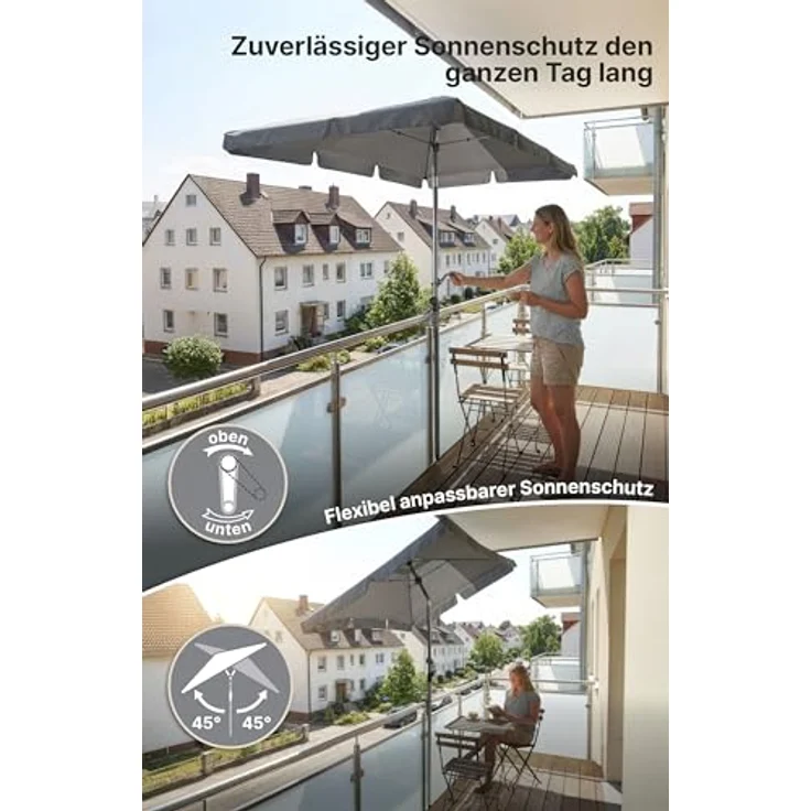 4smile SunnyShade Sonnenschirm Balkon Roma mit Schutzhülle, Anthrazit, Sonnenschirm rechteckig 200x125 cm, Sonnenschutz Balkon mit UV 50+, Balkonschirm mit Kurbel, knickbar und höhenverstellbar – Bild 3