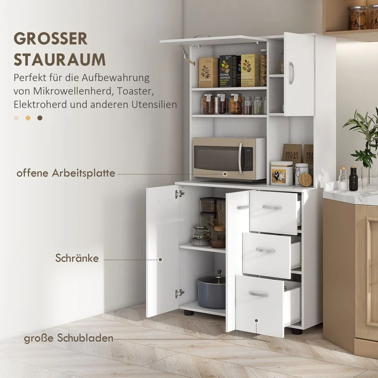 Rayofly-Küchenschrank Buffet mit 3 Schubladen & 3 Regalen, viel Stauraum, Weiß, H 168cm x T 89cm x B 39,5cm – Bild 6