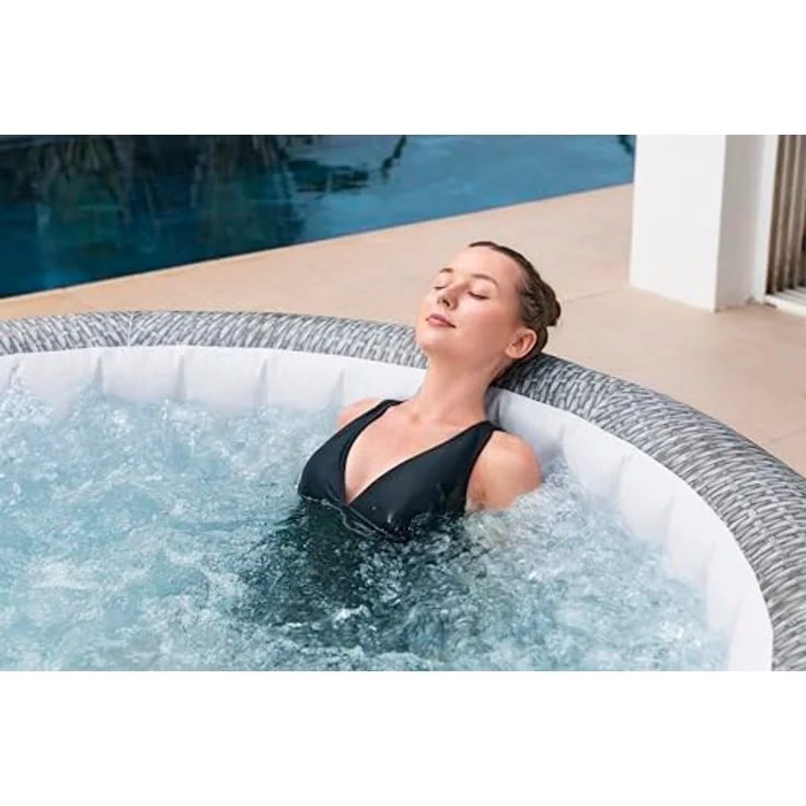 Bestway LAY-Z-SPA Energiespar-Whirlpool Bali AirJet mit App-Steuerung, integrierter UltraFit-Pumpeneinheit, für 6 Personen, 196 x 71 cm, Rattan-Optik (Lichtgrau) – Bild 6