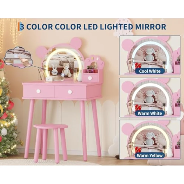 GarveeLife Schminktisch für Kinder, Mädchen, mit Spiegel & LED-Licht in 3 Farben mit 2 Schubladen, für Kinder von 3 – 8 Jahren, 55 x 38 x 101 cm – Bild 6