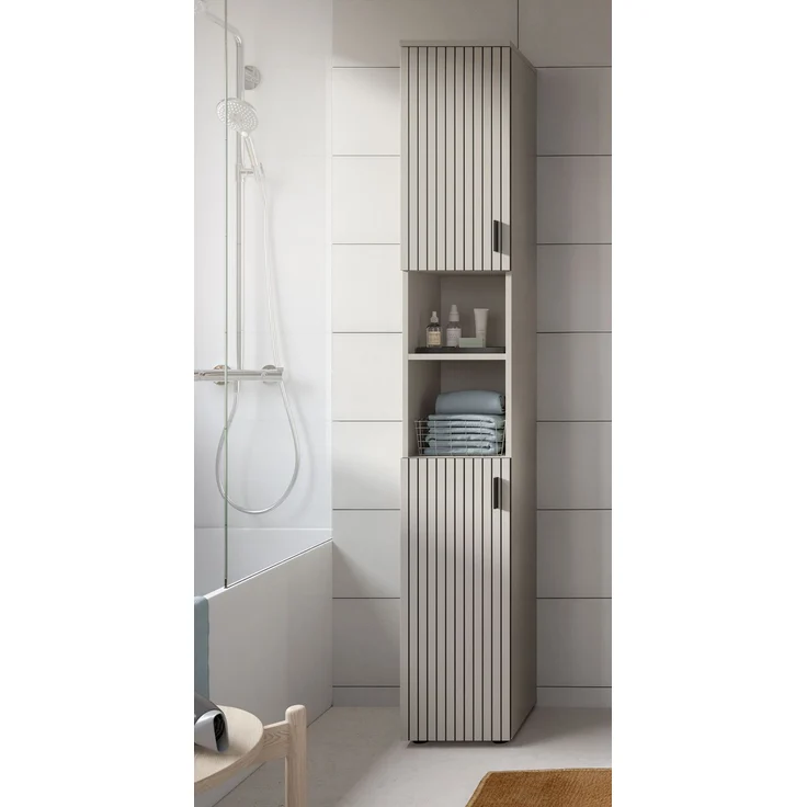 xonox. home – Badschrank Mone 30 x 192 x 30 cm in Kaschmir Nachbildung – Schlanker Hochschrank mit 2 Türen, 4 geschlossenen & 2 offenen Fächern – Platzsparendes Stauraumwunder, elegant & sehr funktional – Bild 6