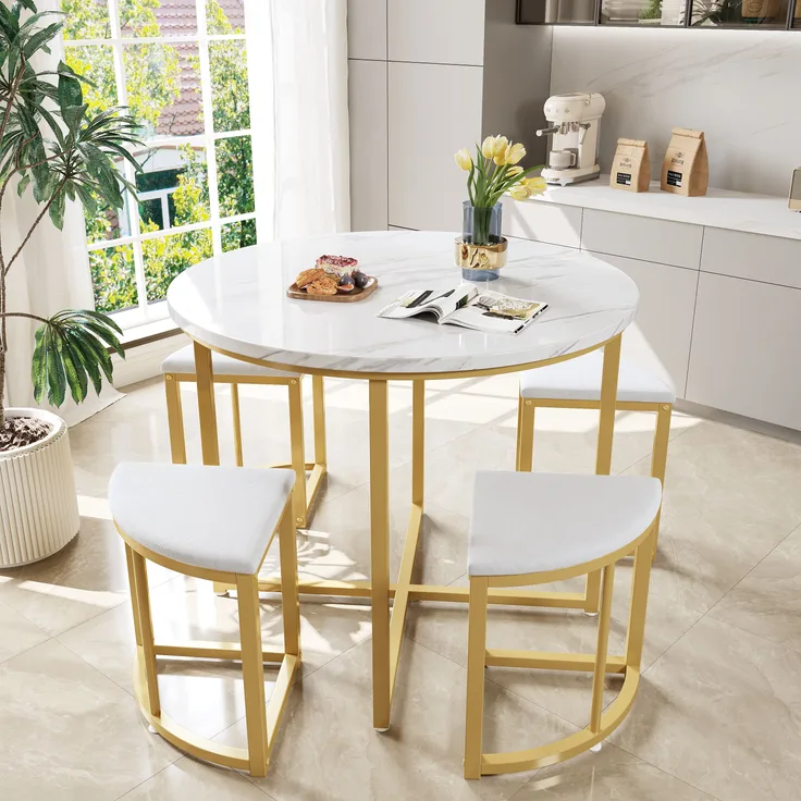 Runder Esstisch 80 cm mit 4 Samtstühlen, MDF Tischplatte weiß, Essgruppe mit vergoldetem Metallrahmen für Küche & Esszimmer