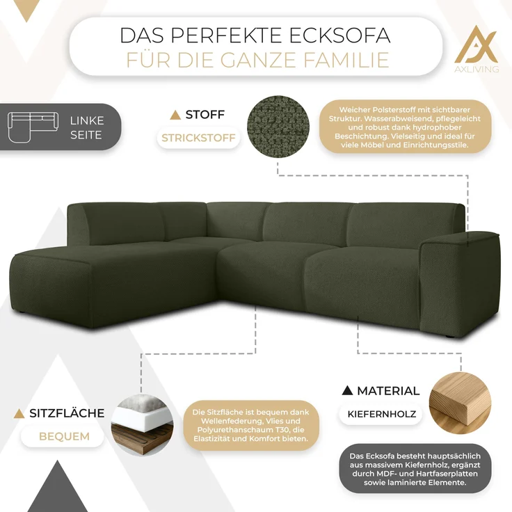 AX LIVING Couch Sofa L Form Didim L Grün – 292 cm, stilvoll & bequem L – Bild 5