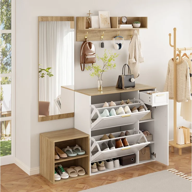 Garderoben-Set 139,5x35x166 cm in Weiß und Natur mit Schuhschrank, Sitzbank, Wandgarderobe und Spiegel – Bild 2