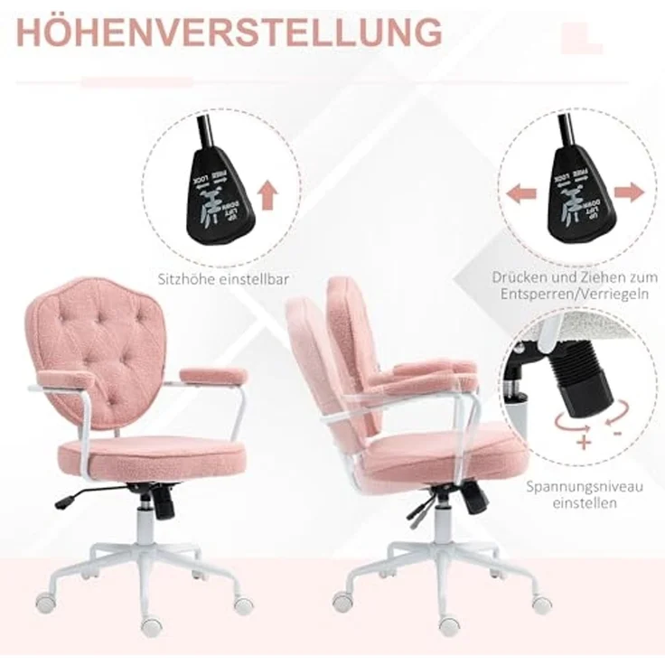 HOMCOM Bürostuhl Ergonomisch Schreibtischstuhl mit Wippfunktion, geknöpftem Bezug (Computerstuhl, 1 St), für Home Office, Teddybärvlies, Rosa – Bild 5