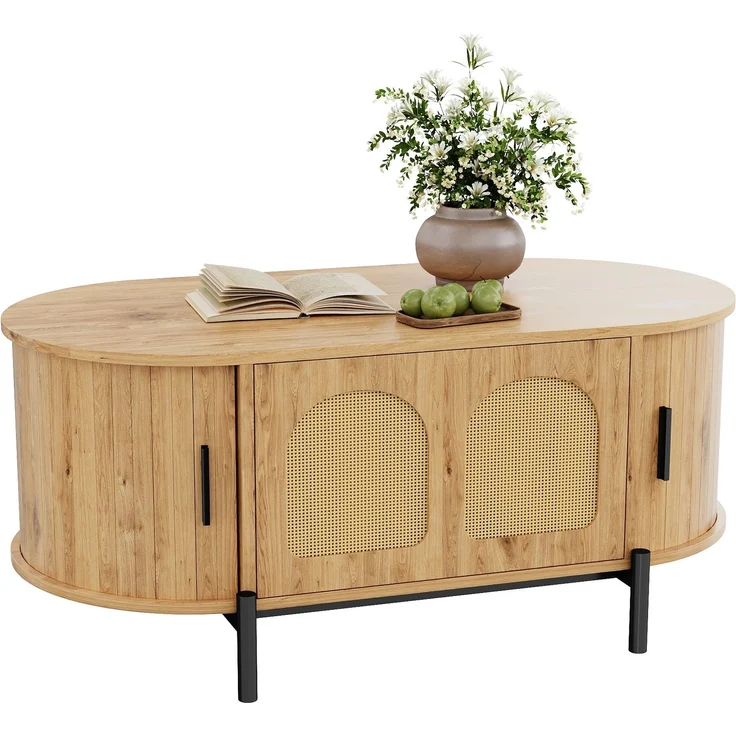 Couchtisch oval B 100 x T 50 x H 40 cm, MDF in Naturfarbe mit Rattan-Türen und Metallbeinen – Bild 7