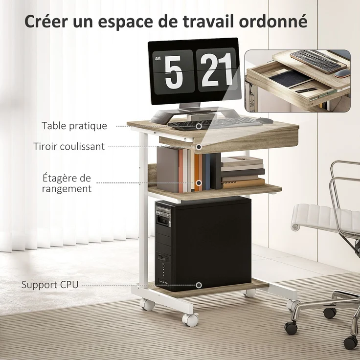 MELAYR, Rollbarer Computertisch, Tisch mit Stauraum, 56 x 51 cm, mit Schublade, Fach und CPU-Halterung, Eiche, Beige – Bild 6
