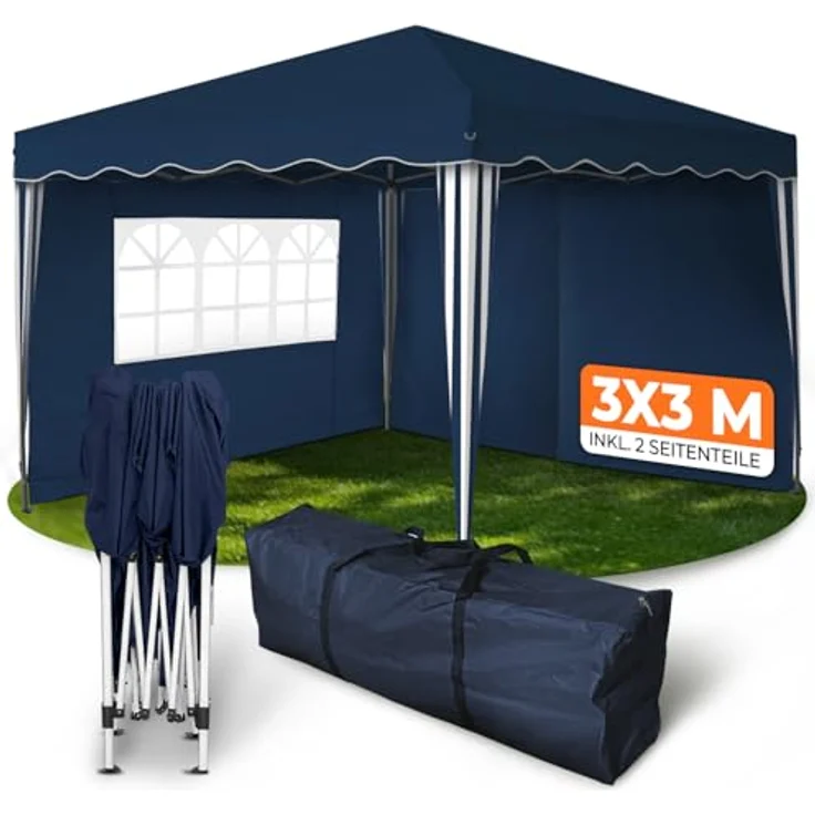 Faltpavillon 3x3 m - wasserdicht - mit 2 Seitenteilen, blau – Bild 2