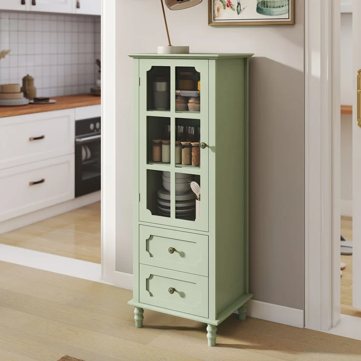 Mintgrüner Vitrinenschrank mit Glastür und 2 Schubladen, Vintage Hochschrank aus MDF mit Massivholzbeinen, Saugroboter-tauglicher Aufbewahrungsschrank für Wohnzimmer, Esszimmer, Flur--Grün--50x40x133cm--YOUDENOVA – Bild 1