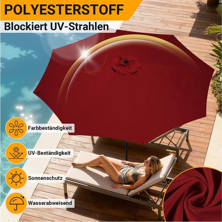 Clanmacy Sonnenschirm Sonnenschirm Ø350 cm Balkonschirm Gartenschirm UV50+ ohne Knick Rot, LxB: 350x350 cm, Stabiler knickbar/für Garten, Balkon, Terasse/Sonnenschutz – Bild 2