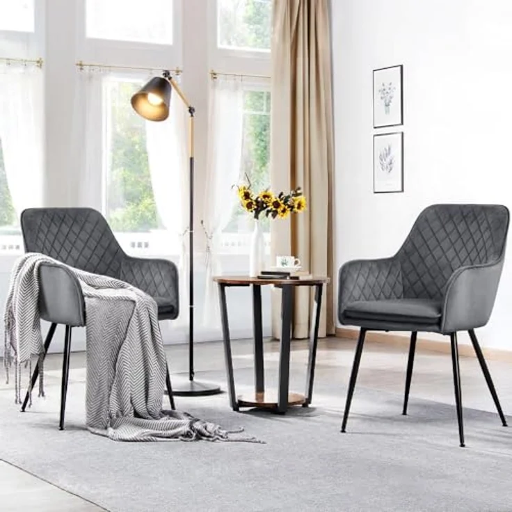 Yaheetech Esszimmerstühle, Sessel, 2er Set, Polsterstühle mit Armlehnen, Metallbeine, Samtbezug, Dunkelgrau, für Arbeitszimmer, Wohnzimmer, Schlafzimmer – Bild 6
