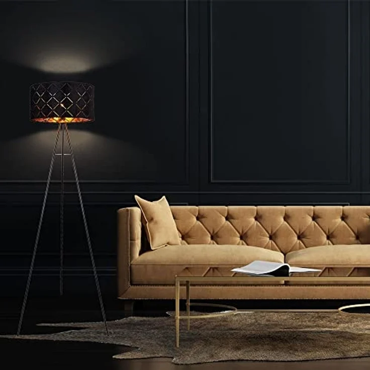 LED Stehleuchte, Textil, schwarz-gold, Stativ Gestell, H 149cm – Bild 7