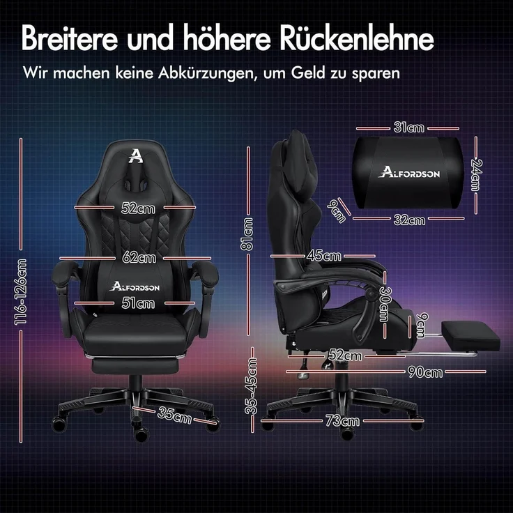 ALFORDSON Gaming-Bürostuhl mit Fußstütze und Lendenkissen, Schwarz Ethan – Bild 3