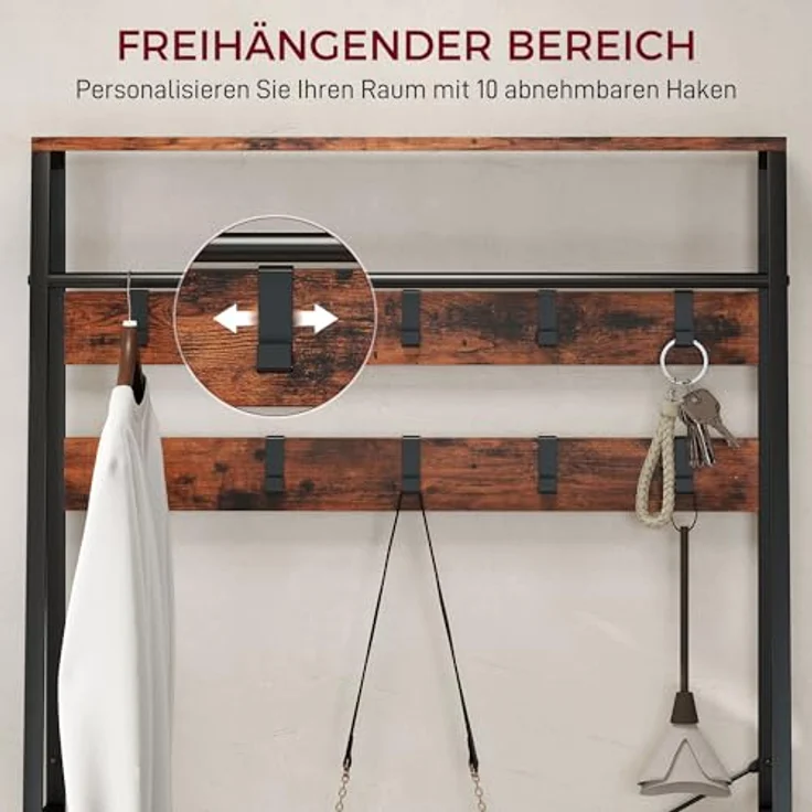 HOMCOM Garderobenständer mit 10 Haken, (Jackenständer, 1 St, Kleiderständer), für Eingangsbereich, Flur, Rustikal-Braun – Bild 5