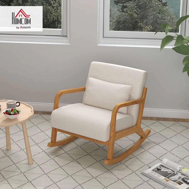 HOMCOM Schaukelstuhl Schwingsessel Relaxsessel mit weicher Polsterung (Schaukelsessel, 1 St), für Schlafzimmer, Wohnzimmer, Creme – Bild 2
