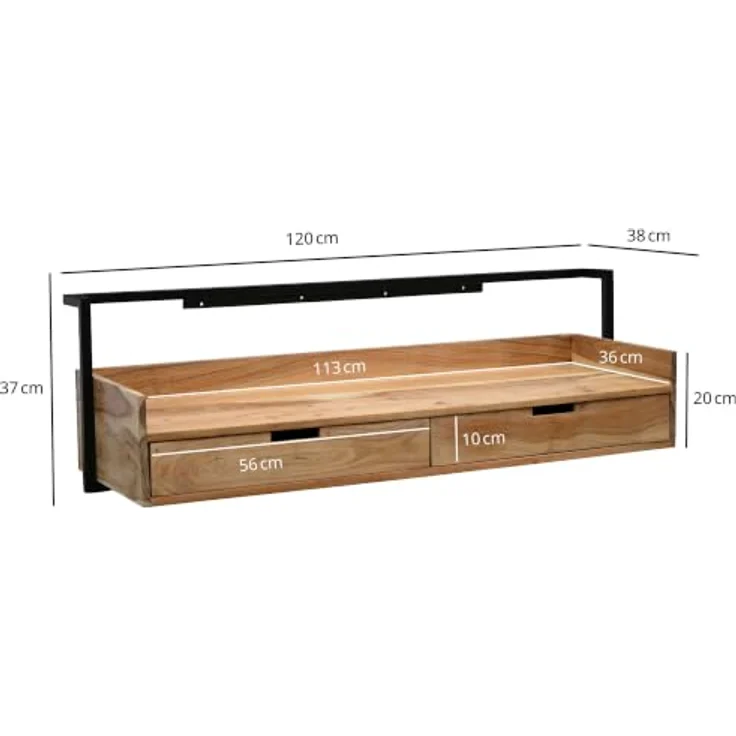 FINEBUY Wandschreibtisch FB117748, 120cm Schwebend aus massiver Akazie, braun, mit 2 Schubladen und robustem Metallrahmen – Bild 4