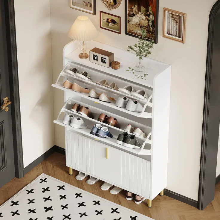 Ball & Cast 3-Klappen-Schuhkipper mit 6 verstellbaren Fächern - Schuhschrank für Eingänge, Flur & Wohnzimmer, 80×23×124 cm, Weiß