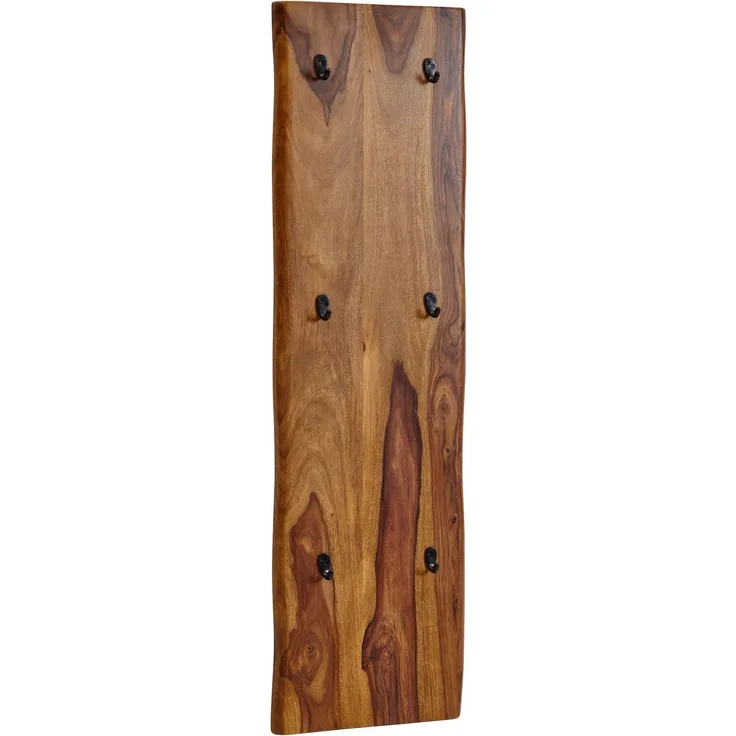 Kadima Design Wandgarderobe aus Sheesham Massivholz und Metall, Natürliche Baumkanten, 6 stabilen Haken. 40x7x140 cm