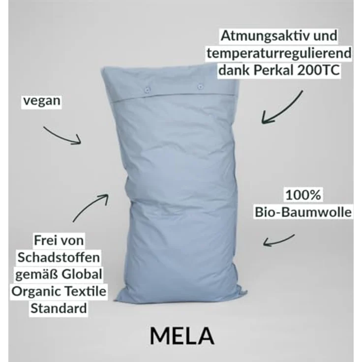 MELAWEAR Perkal Kopfkissen Bezug 40 x 80 cm – 100% Bio Baumwolle, GOTS & Fairtrade, Grüner Knopf, Weiß, Hotelverschluss – Bild 2