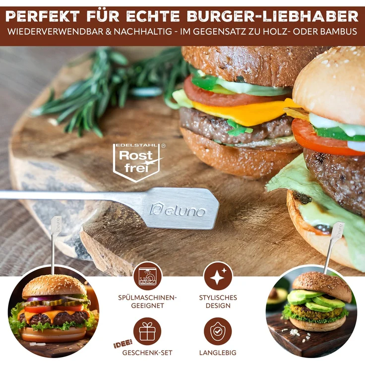 Burger-Spieße 4er Set - 19 cm Länge - geeignet für Burger Sandwiches, Schaschlik und Früchte, aus hochwertigem Edelstahl – Bild 3