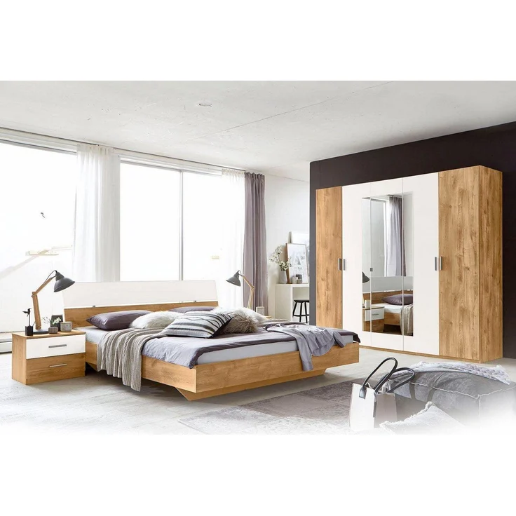 Schlafzimmer Set Katrin komplett 4-teilig plankeneiche weiß Bett 180x200cm – Bild 1