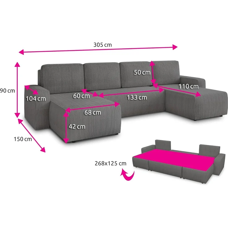 Wohnlandschaft mit Schlaffunktion Roma - U-Form Couch, Schlafsofa mit Bettkasten, Couchgranitur mit Bettfunktion, Big Sofa, Cord Stoff (Grau (Poso 110)) – Bild 3