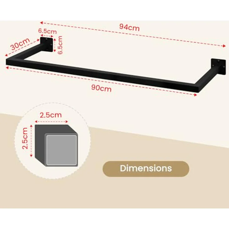 eSituro 2er Set Kleiderstange Wand Rechteck, Garderobenstange Wandmontage, aus Industrierohr, platzsparend, für Flur Küche Wohnzimmer Badezimmer, 50 kg belastbar, 94x6,5x30 cm, Schwarz – Bild 5