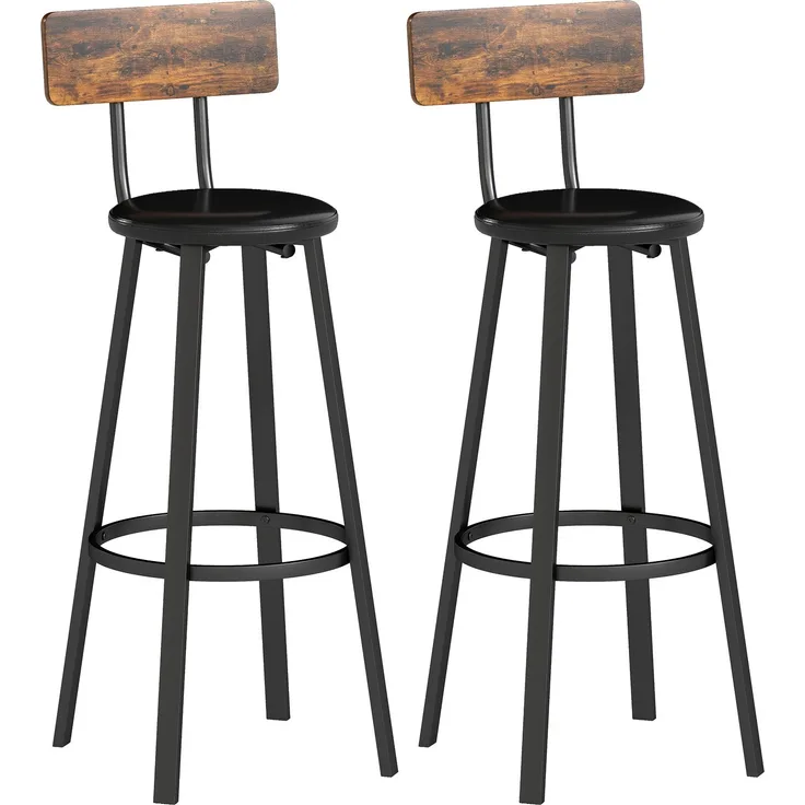 Barhocker 2er Set Tresenhocker Barstuhl mit Fußstütze, Rückenlehne, 75,5 cm Sitzhöhe für Küche & Theke Rustikal Braun--Rustikal-Braun--99.5x36.5x41.6cm--YOUDENOVA