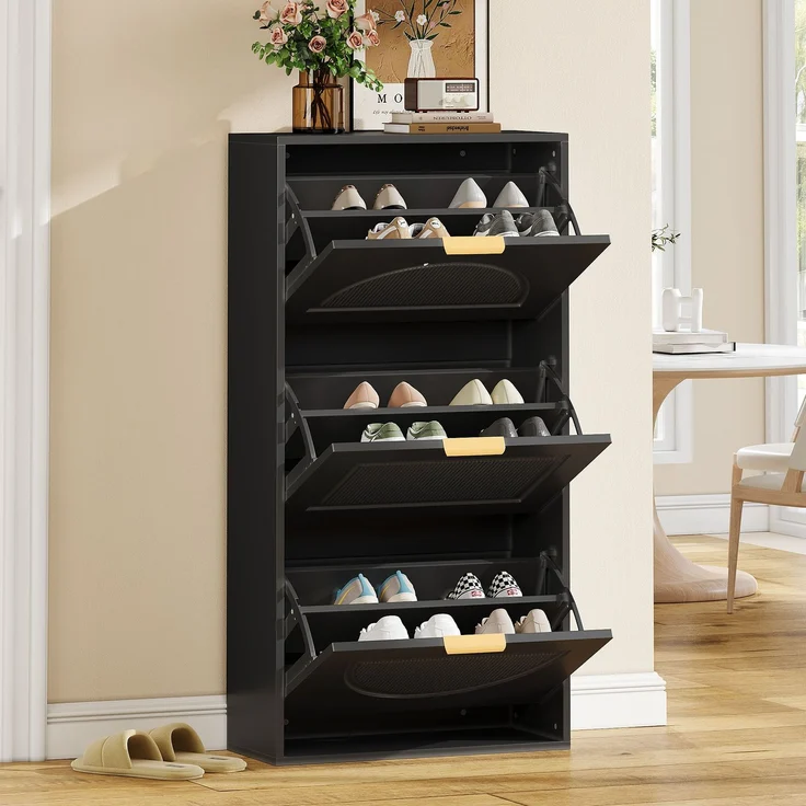 Kommode 60x24x114 cm, schmaler Schuhkipper in Schwarz aus MDF und Spanplatte, kippsicher – Bild 4
