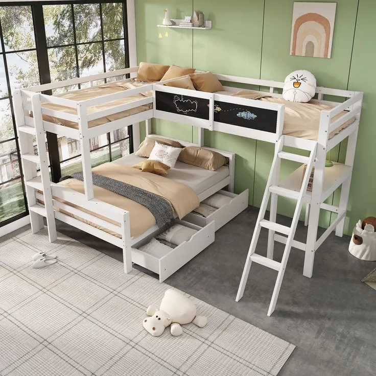Kinderbett 140×200/90×200 cm aus Massivholz mit Schreibtisch, weiß