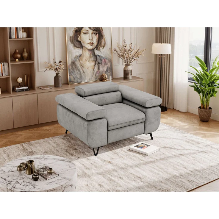 Einzelsessel, Polstersessel PETER mit verstellbaren Armlehnen und Kopfstütze, 1-Sitzer Sofa, Ohrensessel, Wellenfeder - Hellgrau Velvet – Bild 5