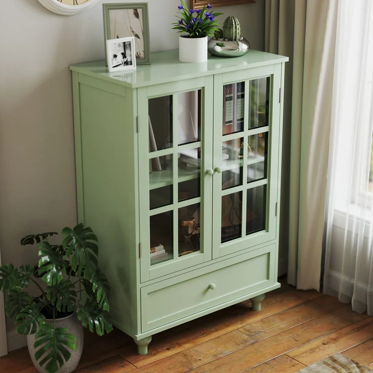 Vitrine 38 x 71 x 93 cm aus MDF mit Glastüren und Schublade in Mintgrün – Bild 3