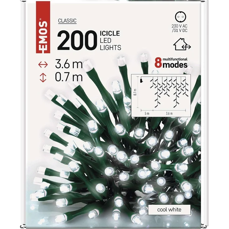 EMOS LED-Eisregen Lichterkette, 3,6m Weihnachtslichterkette + 5m Zuleitung, 200 LEDs, 8 Lichtmodi, Netzteil, IP44 für Innen und Außen, Kaltweiß – Bild 7