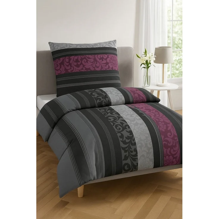 soma Bettwäsche Bettbezug 135x200 80x80 Barock gestreift Boho lila grau bieber warm, Biber, 2 teilig, Weiches Biber Set mit Barock-Motiv in Beere und Grau zweifarbig – Bild 2