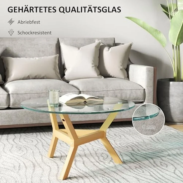HOMCOM Couchtisch aus Hartglas, mit verstellbaren Fußpolstern und Stahllrahmen, rund (Beistelltisch, 1-St, Wohnzimmertisch), für Wohnzimmer, Transparent, Ø80 x 45 cm – Bild 5