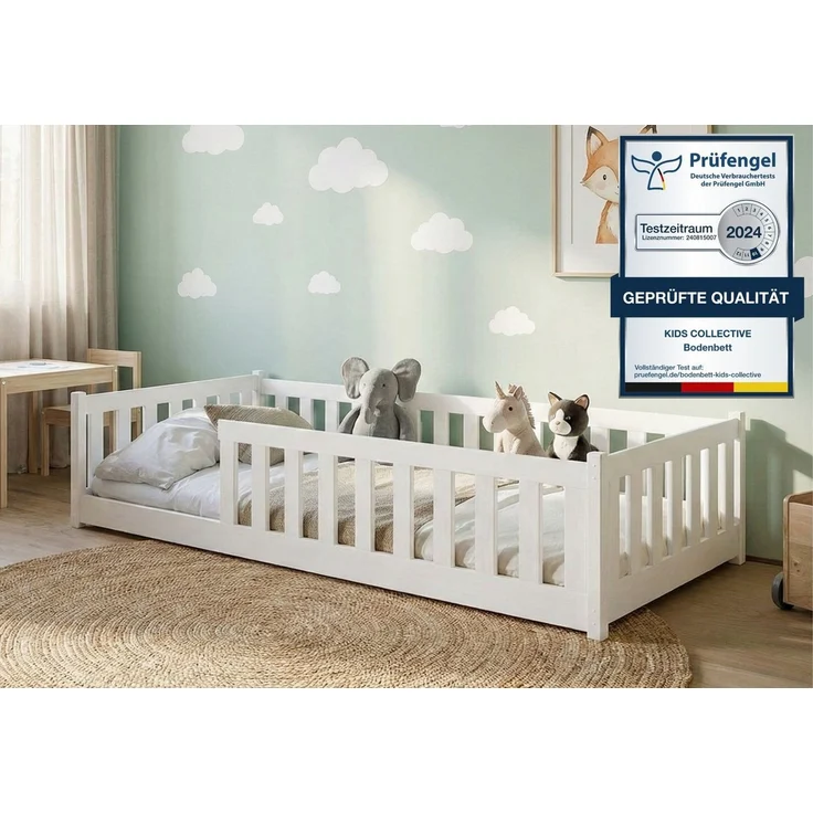 Kids Collective Kinderbett Bodenbett Bett mit Rausfallschutz & Lattenrost Montessori Bett Kinder (Jungen, Mädchen, Kinder, weitere Größen 80x180, 90x190, 90x200, 120x200, 140x200 cm), Jugendbett Gitterbett Einzelbett, Weiß Kiefer 80x160 cm – Bild 1