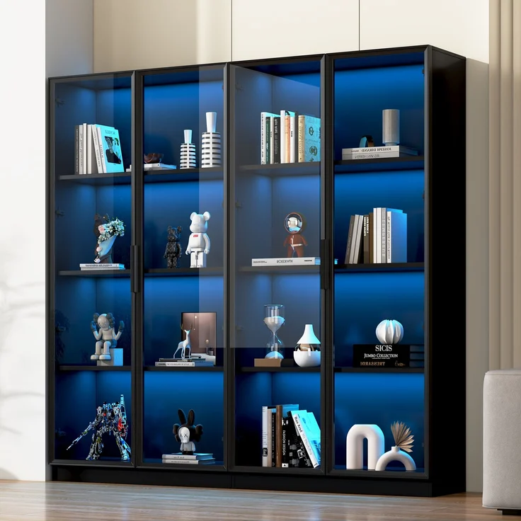 Vitrine aus schwarzer Spanplatte mit Glastüren und App-gesteuerter LED-Beleuchtung,H 160 x T 160 x B 40 cm – Bild 1