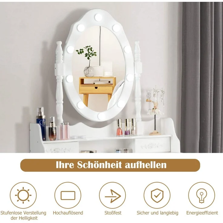 COSTWAY Schminktisch mit Hocker, 360° drehbarem Spiegel und 10 dimmbaren LED-Birnen, Frisiertisch aus Tisch und Abnehmbarer Oberteil, Kosmetiktisch mit 4 Schubladen, 75 x 40 x 146 cm (Weiß) – Bild 4