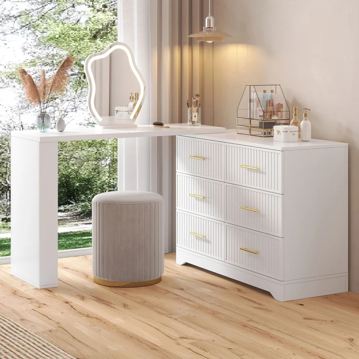 Drehbarer Schminktisch B 110 x T 40 x H 129 cm, längenverstellbar, mit LED-Spiegel und 6 Schubladen – Bild 2
