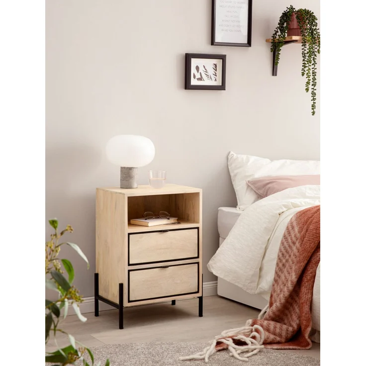FineBuy Nachttisch aus Mango Whitewash Massivholz mit Ablage & 2 Schubladen – Nachtkonsole im Industrial Natur Design für Boxspringbetten, Nachtschrank mit Stauraum – Nachtkästchen 43x60x30 cm – Bild 2