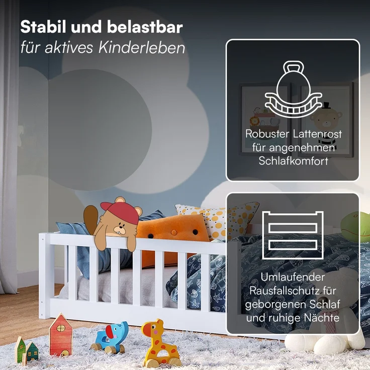 Bellabino 'Vere' Bodenbett 80x160 cm mit Matratze, weiß, Massivholz Kiefer, Montessori Kinderbett mit Rausfallschutz und Lattenrost – Bild 4