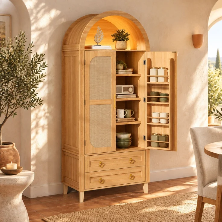 Hochschrank 76 x 40 x 179,5 cm in Natur mit Rattan-Dekor und App-gesteuerter LED-Beleuchtung – Bild 3