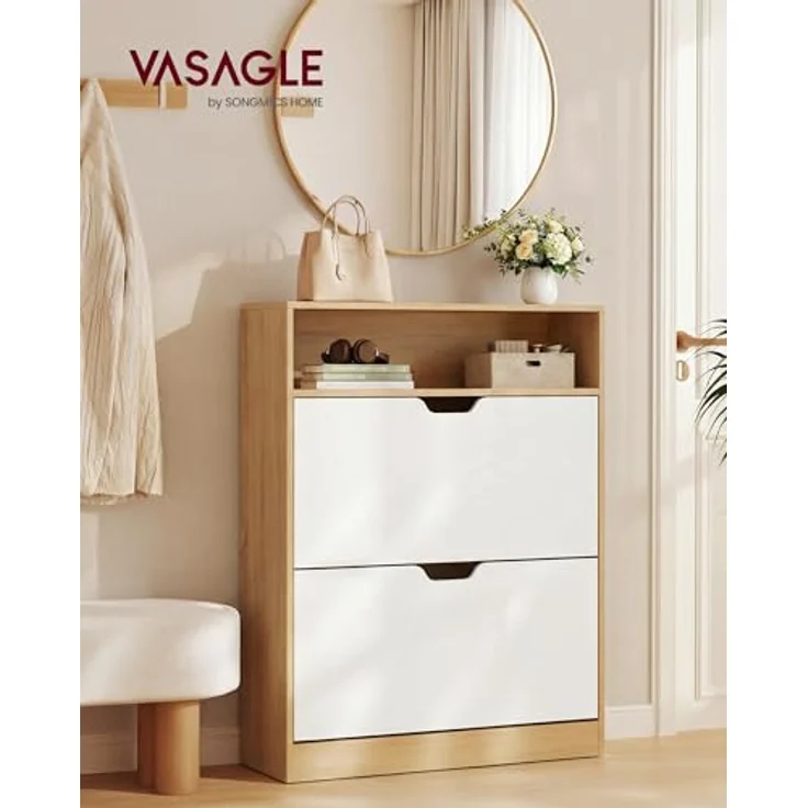VASAGLE Custos Kollektion - Schuhschrank, Schuhkipper, Schuhaufbewahrung, offenes Fach, Trennwand verstellbar, 2 Klappen, 24 x 80 x 102 cm, 14-16 Paar Schuhe, goldeichenfarben-wolkenweiß LBC048YA02 – Bild 3
