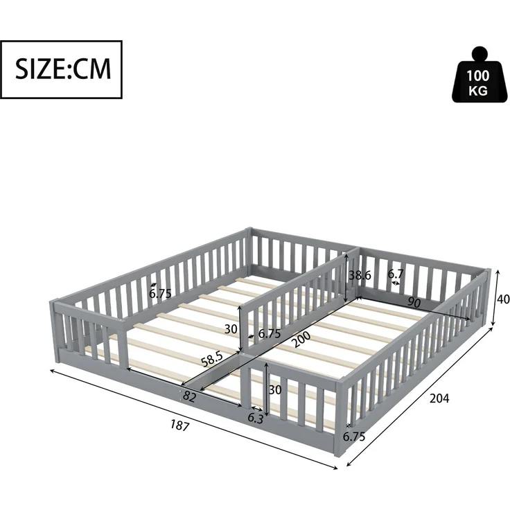 CHICFURN Bett aus Kiefernholz und MDF Grau 90x200 cm mit Sicherheitsgitter und Lattenrost – Bild 10